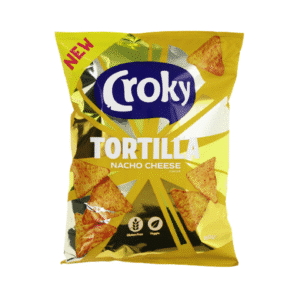 Chips Croky Tortilla goût Nacho Cheese – triangles de maïs croustillants au fromage, fabriqués en Belgique.