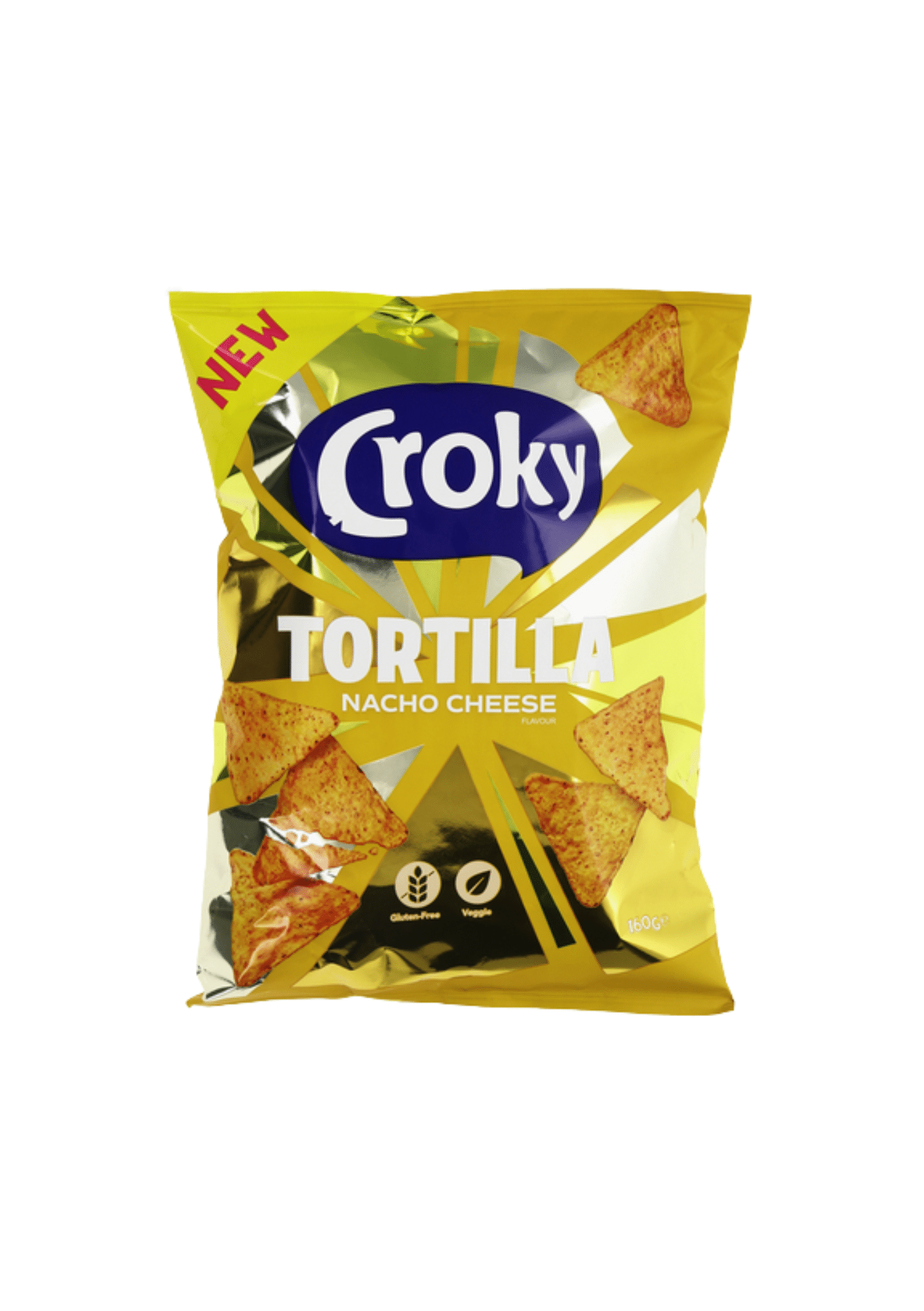 Chips Croky Tortilla goût Nacho Cheese – triangles de maïs croustillants au fromage, fabriqués en Belgique.