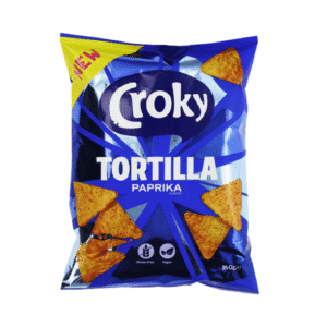 Chips Croky Tortilla goût Paprika – triangles de maïs croustillants relevés au paprika, fabriqués en Belgique.