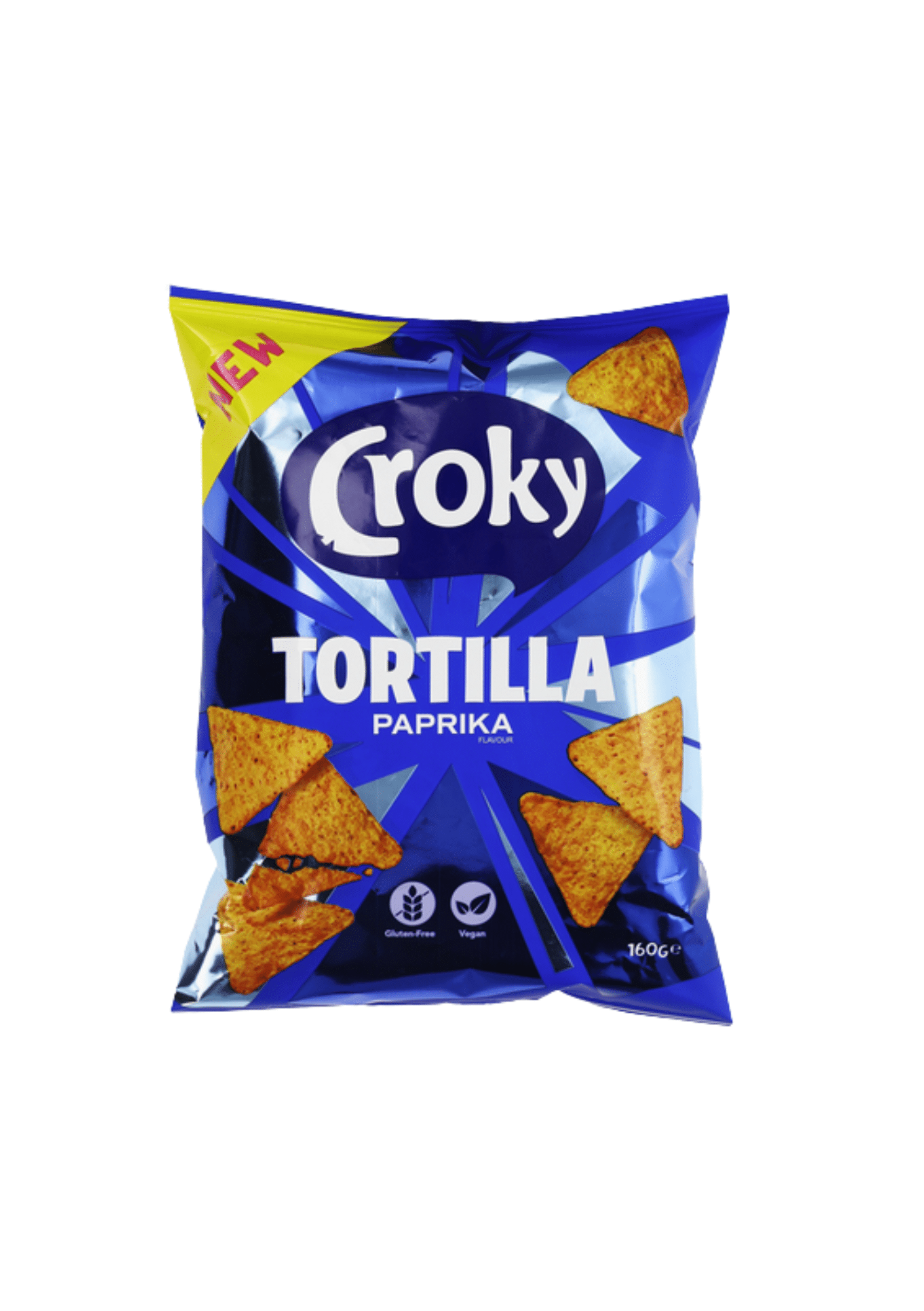 Chips Croky Tortilla goût Paprika – triangles de maïs croustillants relevés au paprika, fabriqués en Belgique.