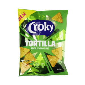 Chips Croky Tortilla goût Bolognese – triangles de maïs croustillants à la sauce tomate et aux épices, fabriqués en Belgique.
