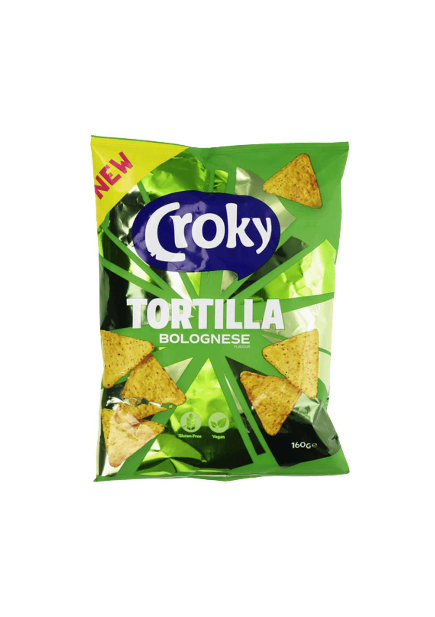 Chips Croky Tortilla goût Bolognese – triangles de maïs croustillants à la sauce tomate et aux épices, fabriqués en Belgique.