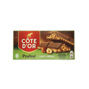 Tablette Côte d’Or praliné double noisette 200 g — chocolat au lait fourré praliné avec éclats de noisettes.