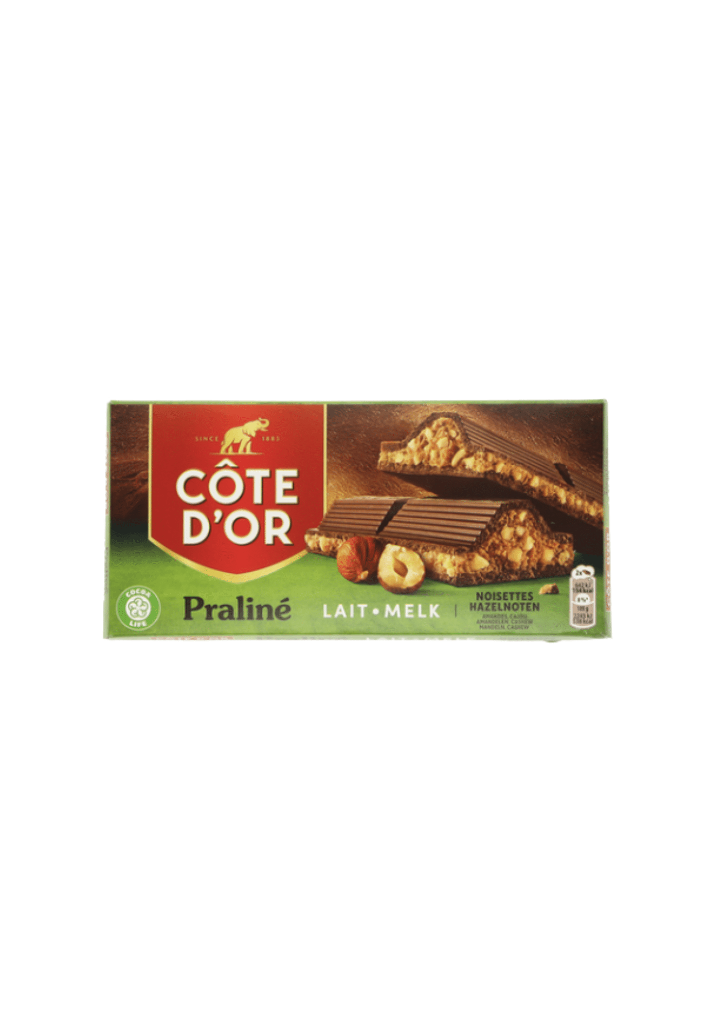 Tablette Côte d’Or praliné double noisette 200 g — chocolat au lait fourré praliné avec éclats de noisettes.