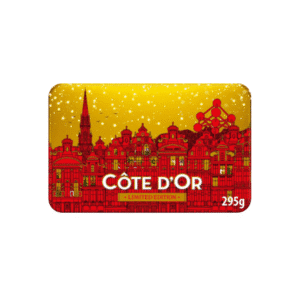 Coffret de Noël Côte d’Or Bruxelles – boîte métal dorée et rouge illustrée de la Grand-Place et de l’Atomium, 24 chocolats assortis