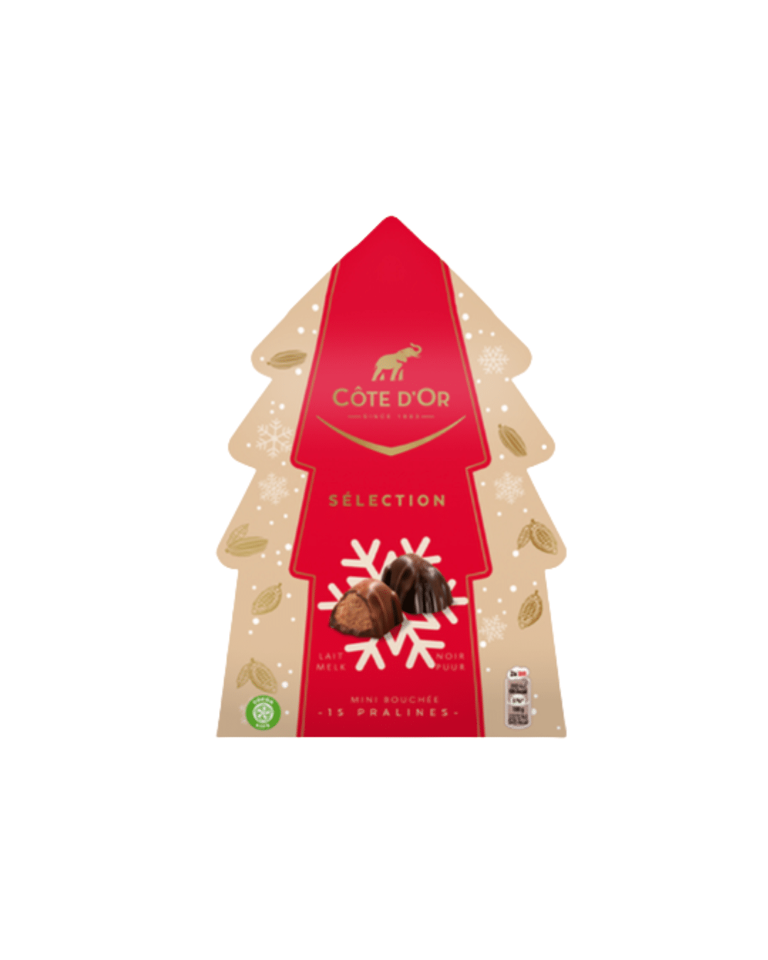 Coffret Côte d’Or Sélection en forme de sapin – 15 mini bouchées chocolat lait, noir et praliné – Édition Noël