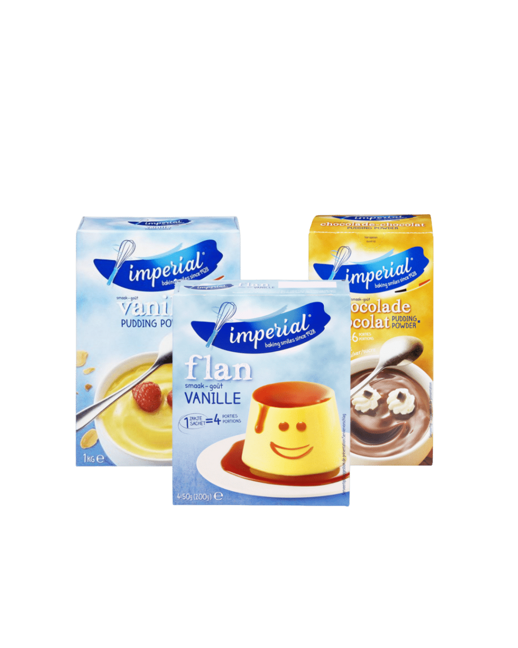 Desserts belges Imperial : pudding vanille, pudding chocolat et flan