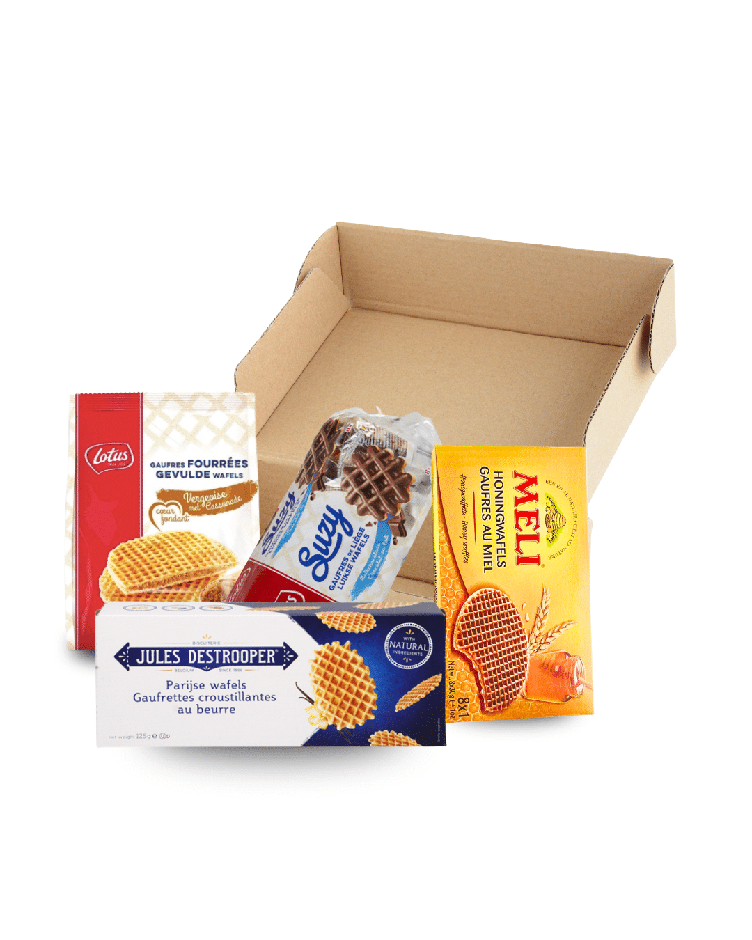 Box de gaufres belges Waffles Lovers avec gaufres Lotus, Meli et Jules Destrooper